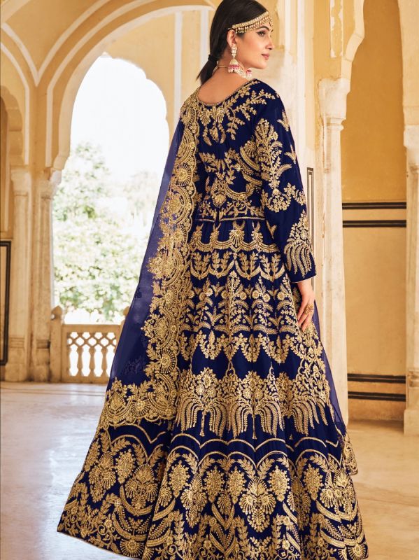 Blue Zari Embroidered Net Lehenga Choli In Velvet