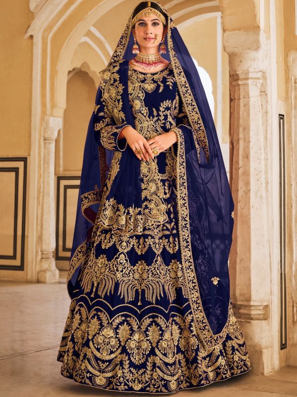 Blue Zari Embroidered Net Lehenga Choli In Velvet