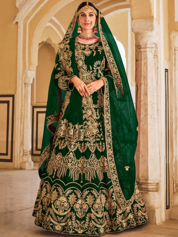 Green Velvet Lehenga Choli With Zari Embroidery 