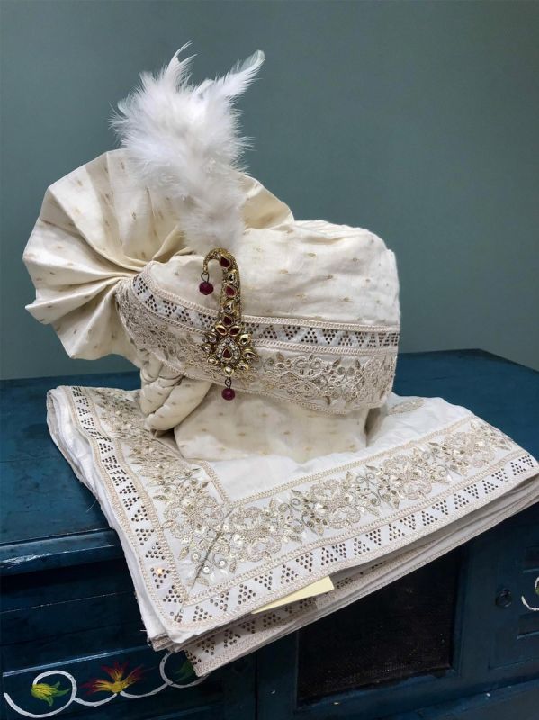 White Embellished Silk Safa Set For Groom
