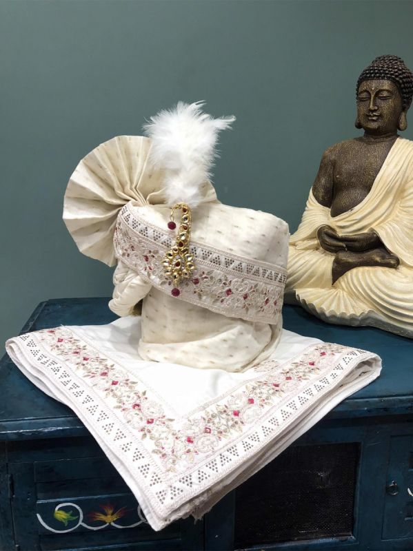White Embroidered Wedding Safa Set In Silk