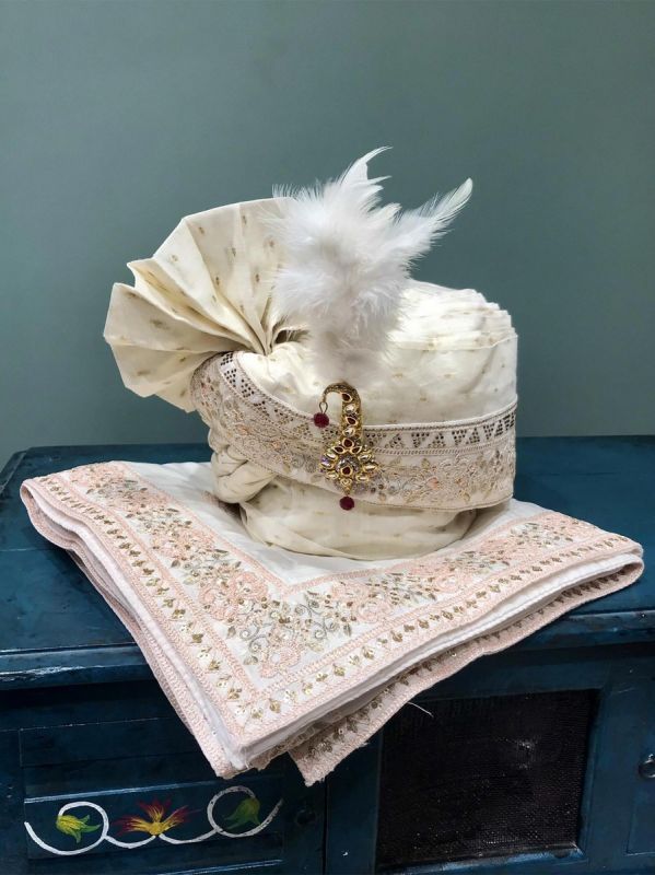 White Silk Embroidered Safa And Dupatta Set