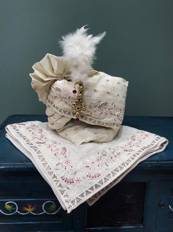 White Groom Silk Safa Set With Lace Work