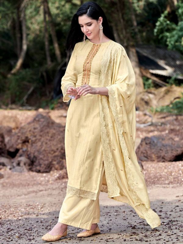 Yellow Thread Embroidered Pant Style Suit