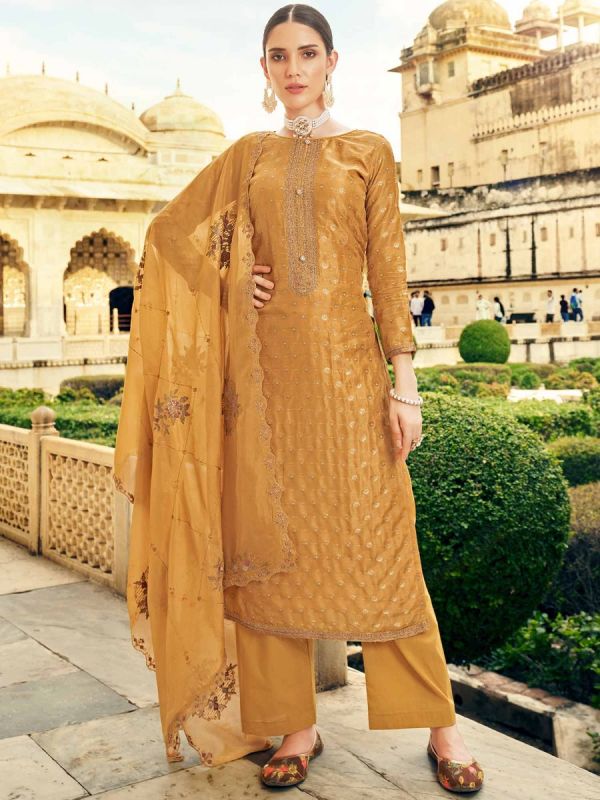 Yellow Thread Embroidered Cotton Salwar Suit