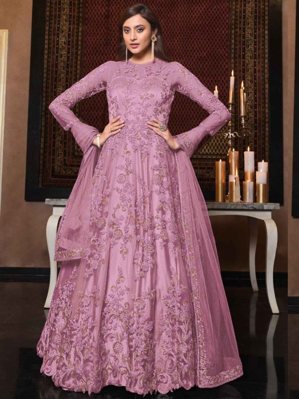 Pink Net Anarkali Style Salwar Suit