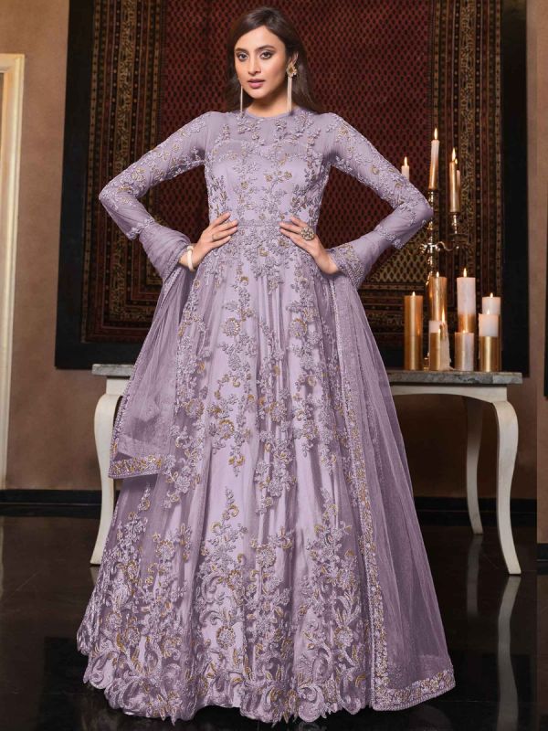 Purple Embroidered Anarkali Style Salwar Kameez