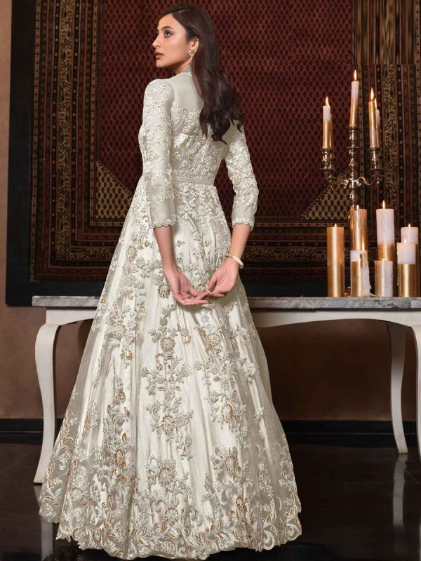 White Embroidered Anarkali Suit In Net
