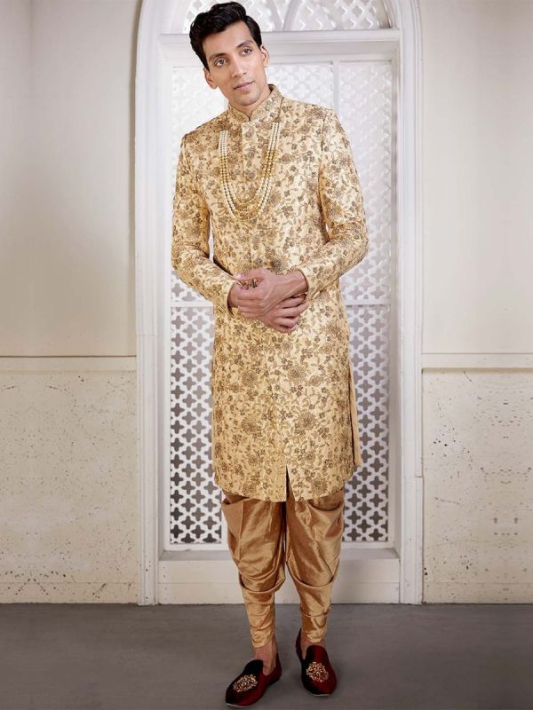 Brocade Fabric Indian Designer Sherwani Golden Colour.