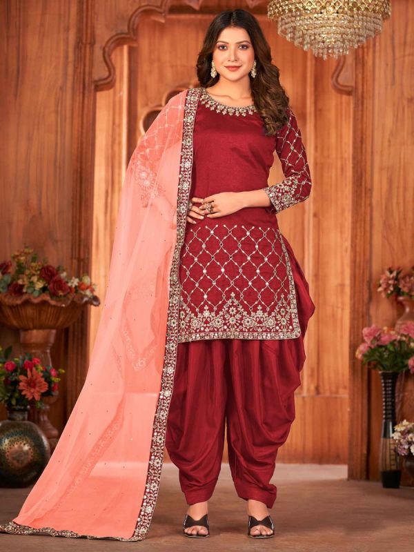 Red Mirror Work Embroidered Salwar Suit