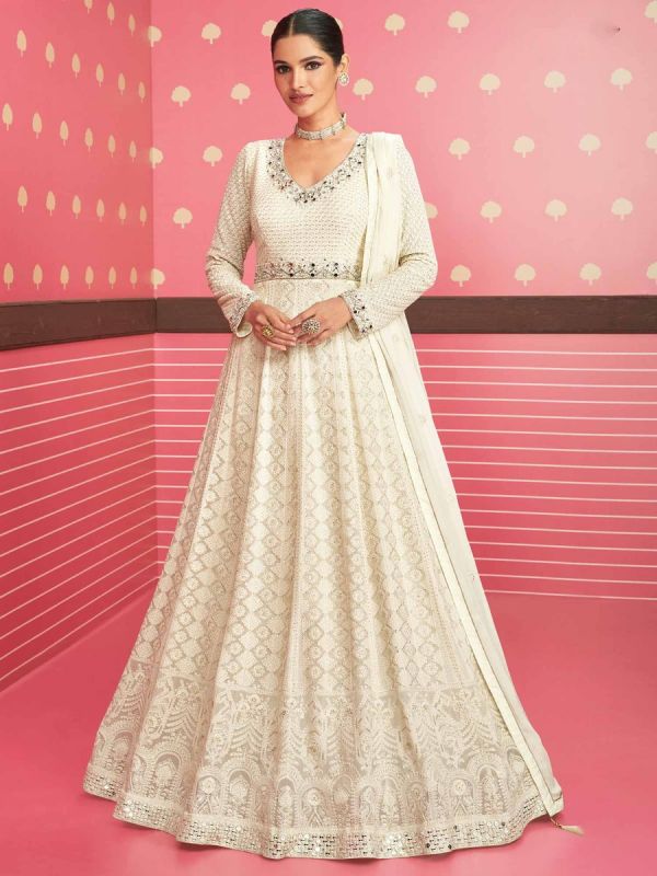 White Embroidered Anarkali Salwar Suit With Dupatta