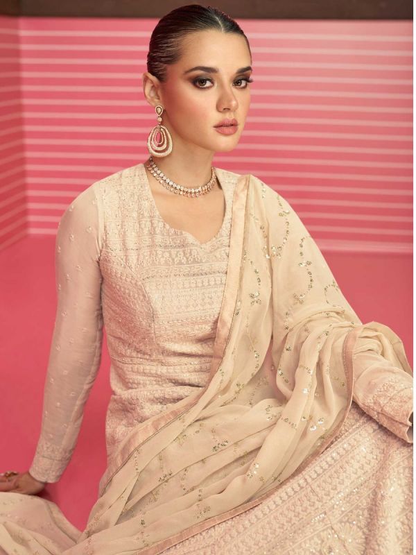 Cream Sequins Embroidered Anarkali Salwar Kameez