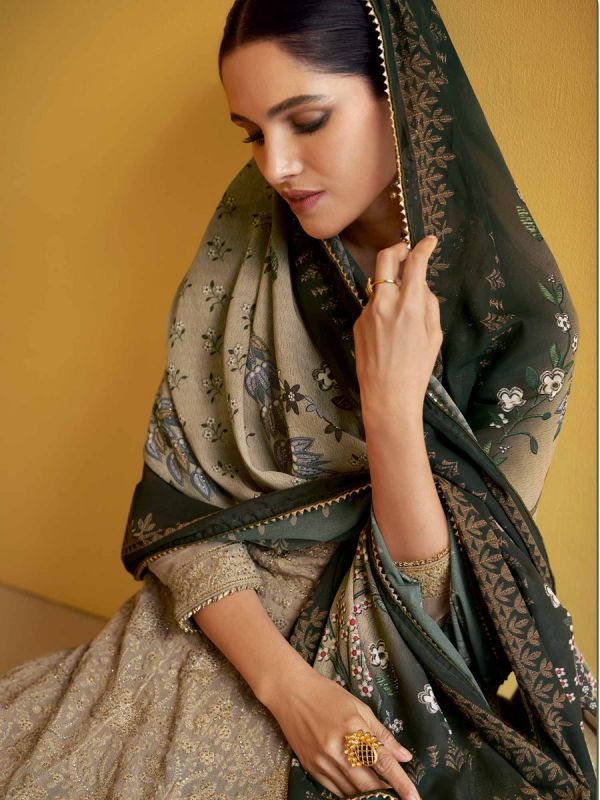 Beige Embroidered Salwar Kameez With Printed Dupatta