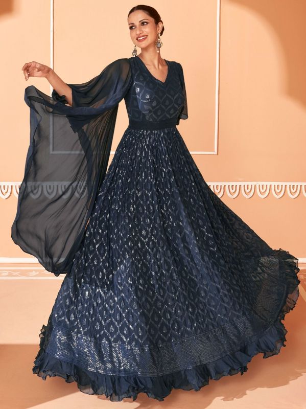 Blue Sequined Gown With Frills Styled