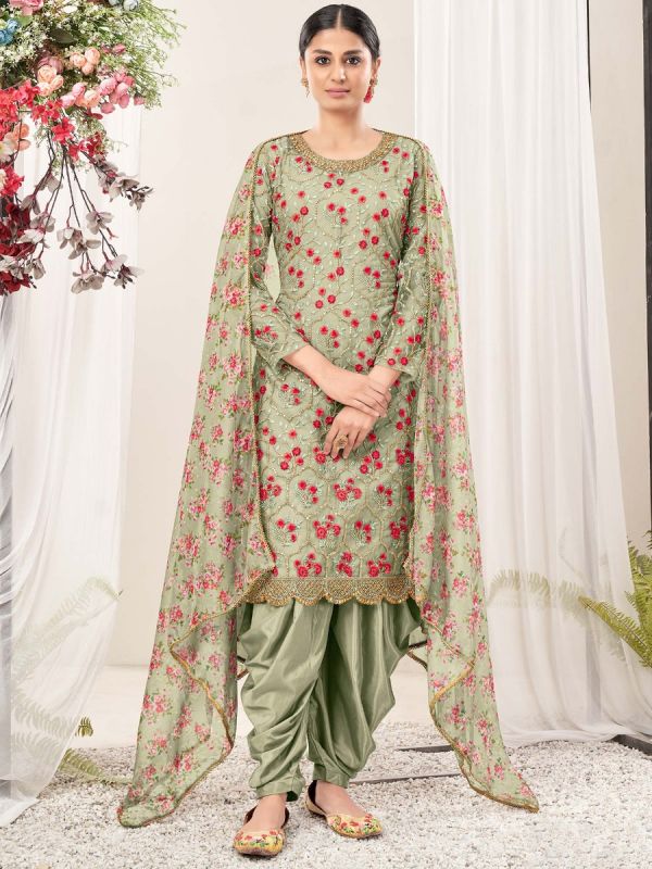 Green Embroidered Punjabi Suit In Net