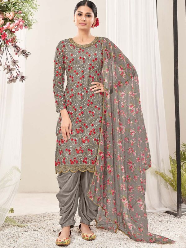 Grey Embroidered Punjabi Suit With Dupatta