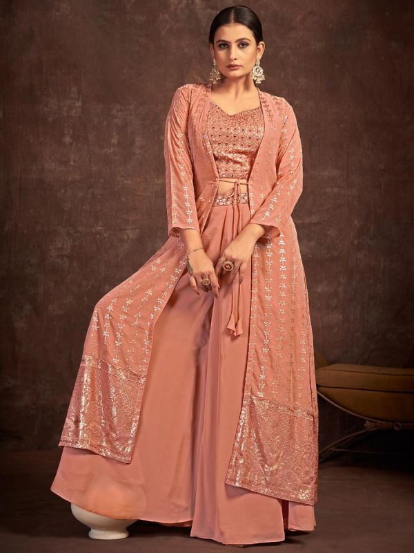 Peach Jacket Style Palazzo Set In Georgette