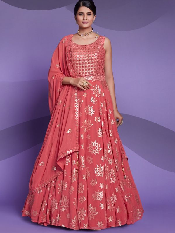 Peach Anarkali Style Suit Set With Sequins Work