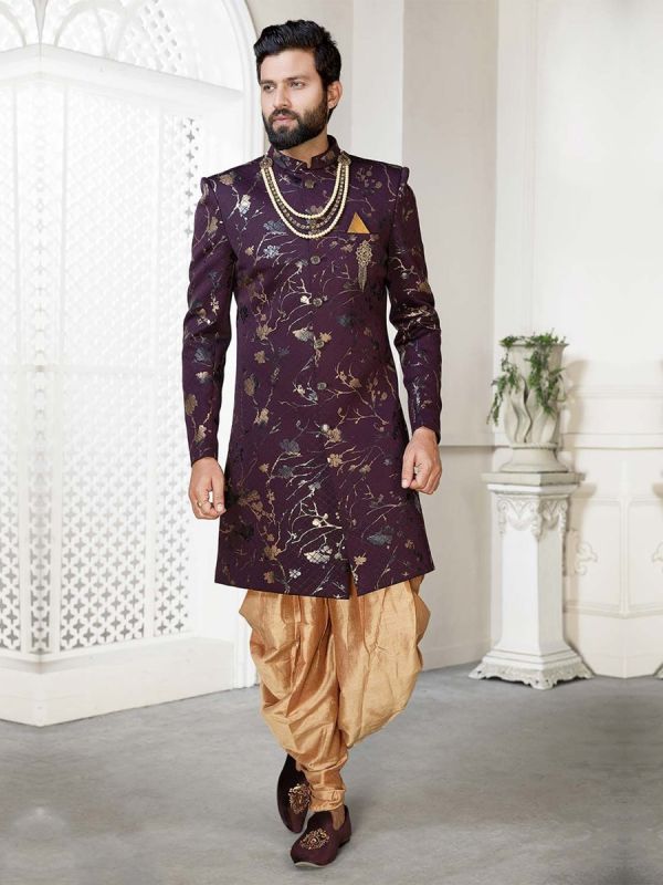 Wine Colour Party Wear Men's Indowestern.