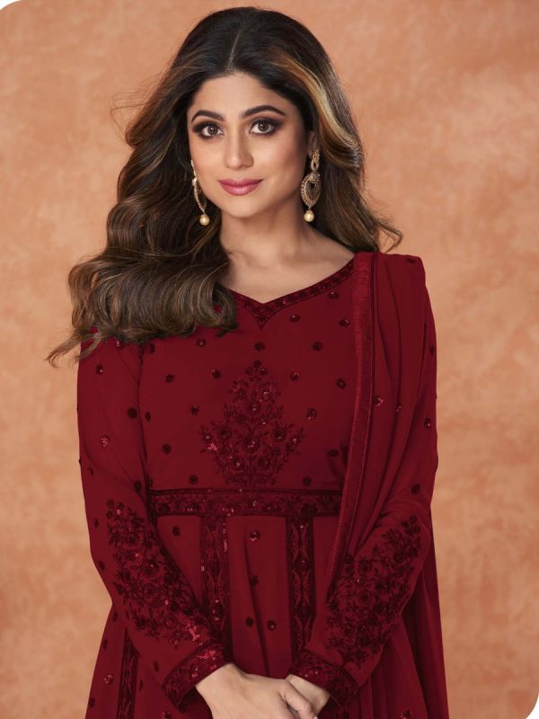 Shamita Shetty Maroon Embroidered Salwar Suit In Georgette