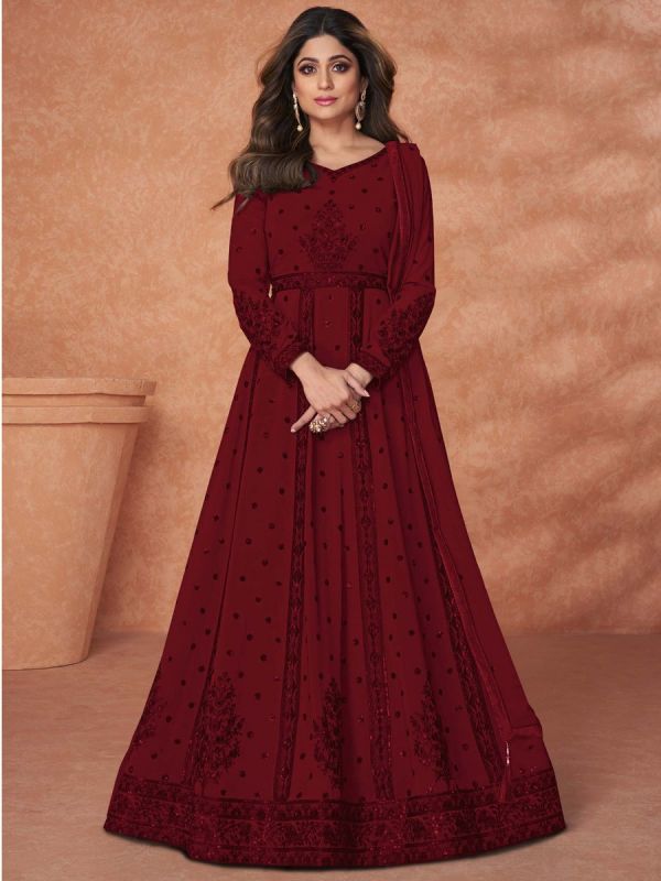 Shamita Shetty Maroon Embroidered Salwar Suit In Georgette