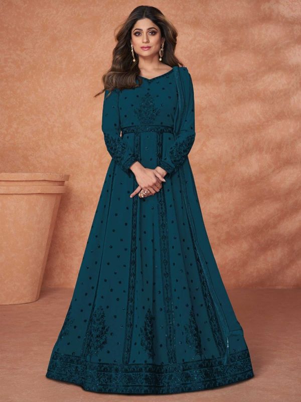 Shamita Shetty Blue Embroidered Anarkali Suit With Dupatta