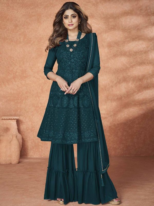 Shamita Shetty Blue Embroidered Sharara Suit In Georgette