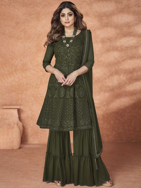 Shamita Shetty Green Embroidered Sharara Salwar Suit