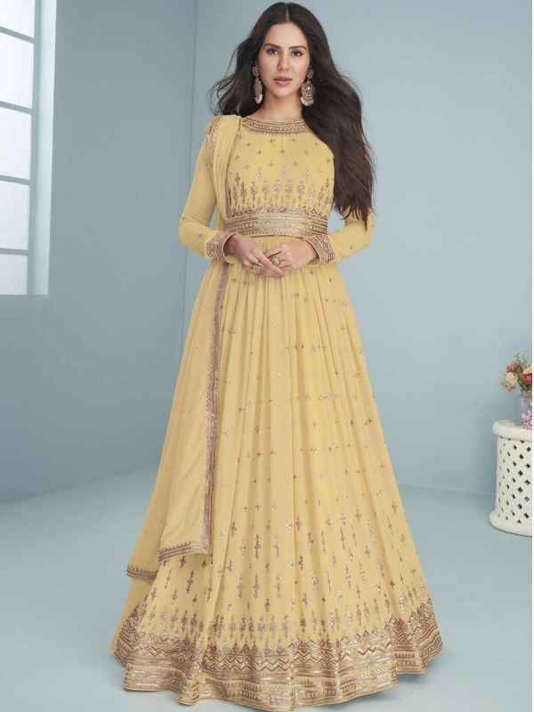 Yellow Sequined Georgette Suit With Dupatta