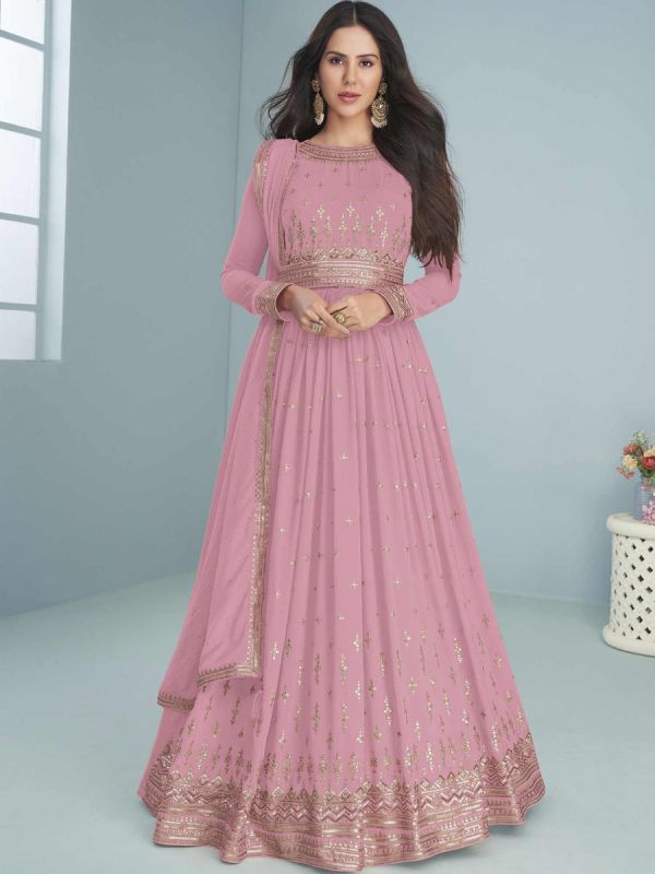 Pink Sequined Georgette Suit With Dupatta