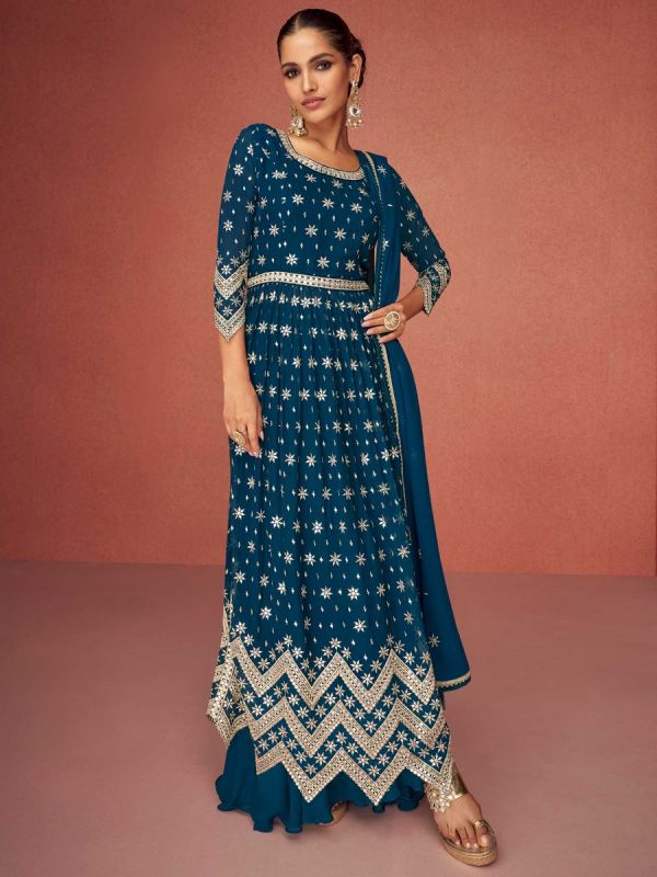 Blue Embroidered Gathered Suit With Dupatta