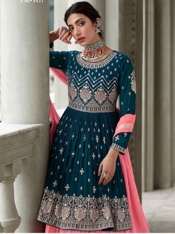 Blue Embroidered Kurti Style Lehenga In Georgette
