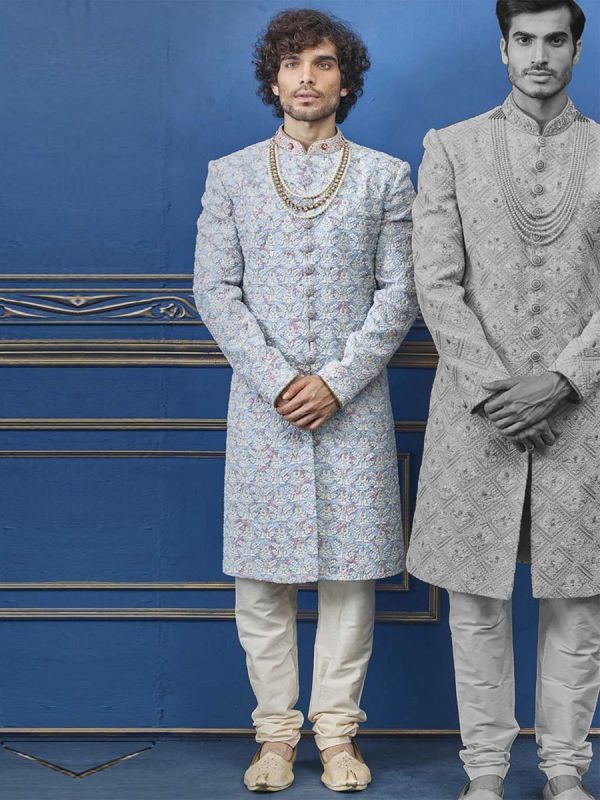Cream,Blue Colour Silk Sherwani For Men.