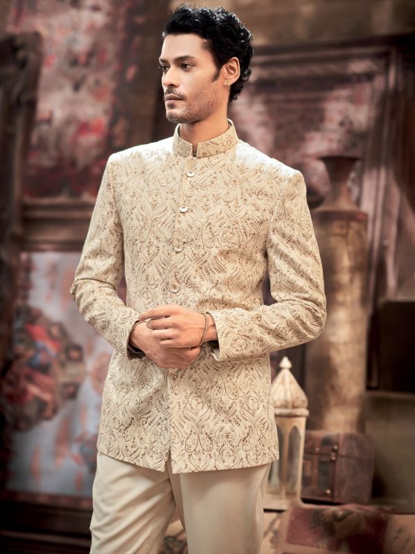 Beige Silk Groom Jodhpuri Suit Set