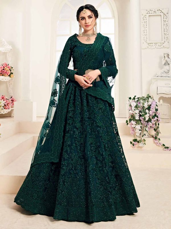 Rama Green Colour Designer Lehenga Choli in Net Fabric.