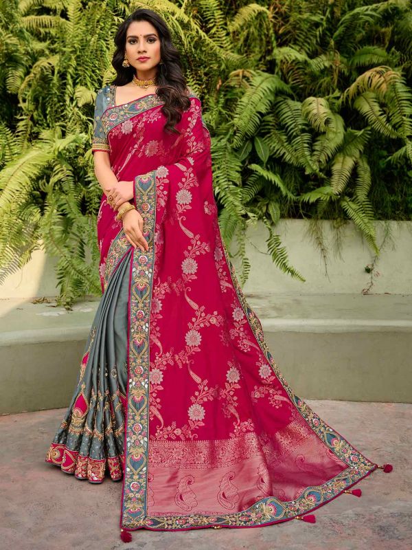 Grey,Pink Colour Silk Designer Saree.