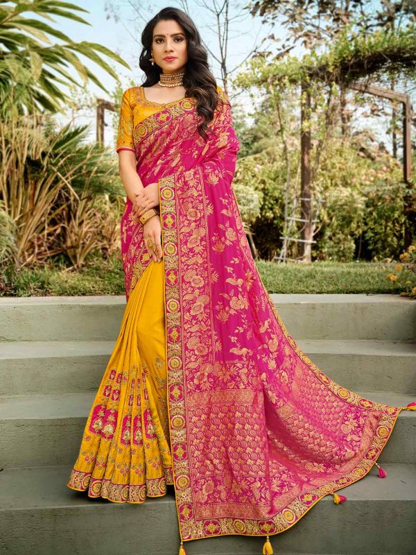 Yellow,Pink Colour Silk Designer Bridal Saree.