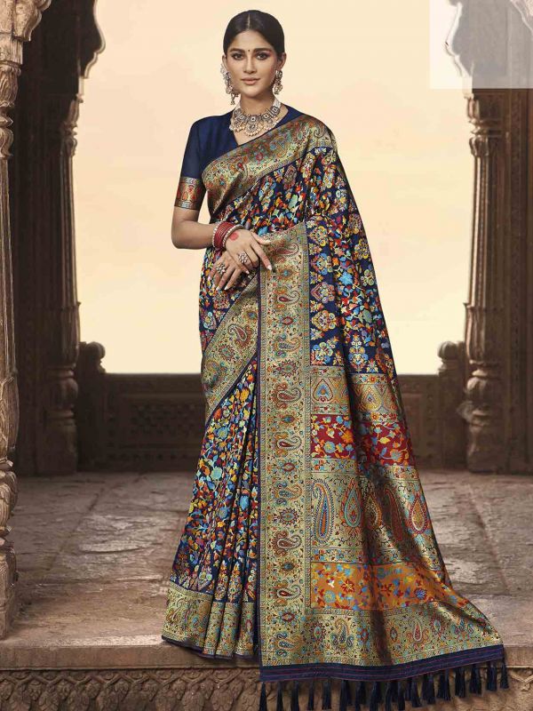Navy Blue Colour Banarasi Kora Silk Designer Saree.