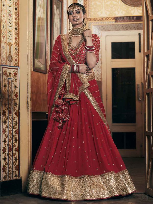 Red Colour Net Fabric Bridesmaid Lehenga Choli.
