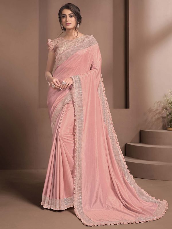 Peach Colour Silk,Georgette Fabric Designer Saree.