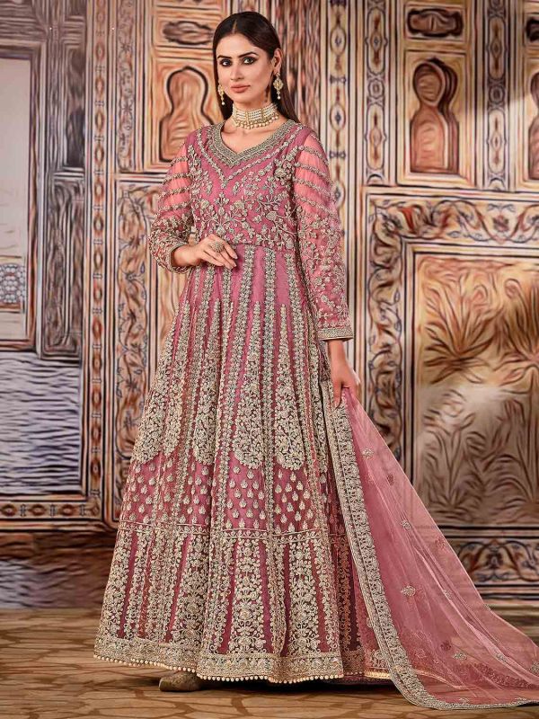 Pink Colour Net Fabric Designer Anarkali Salwar Suit.