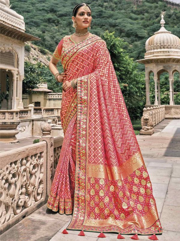 Indian Traditional Saree Peach Colour Silk Fabric.