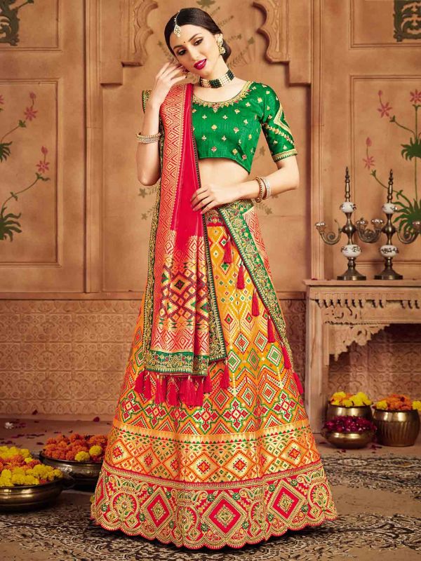 Golden,Red Colour Silk Fabric Bridesmaid Lehenga Choli.