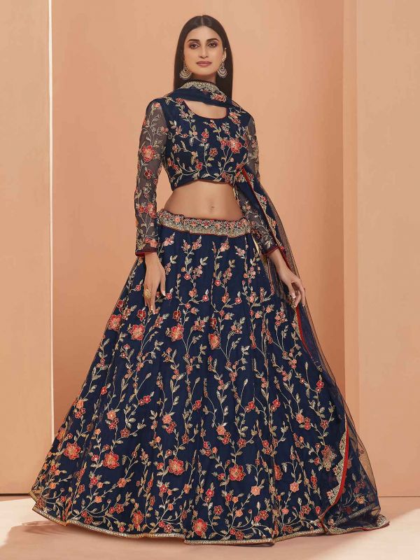 Indian Designer Lehenga Choli Blue Colour Net Fabric.