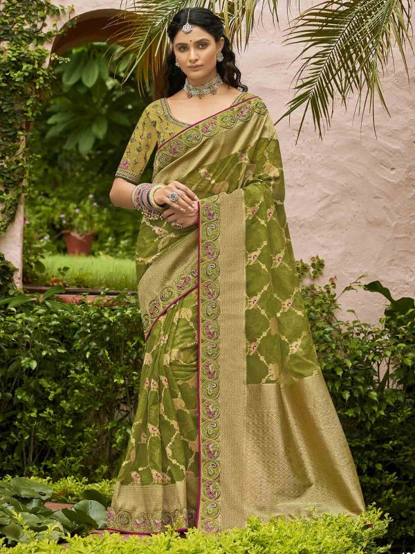 Green Colour Organza Fabric Indian Traditional Saree.