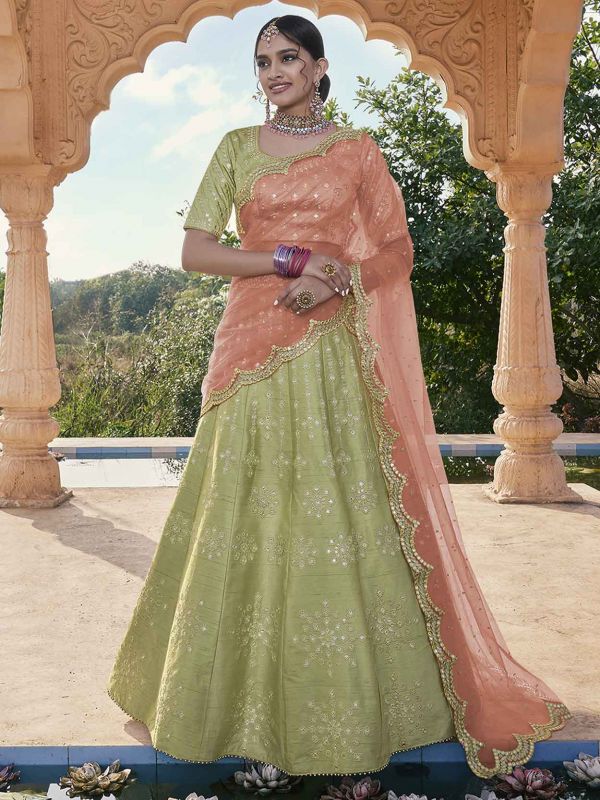 Pista Green Colour Silk Fabric Designer Lehenga Choli.