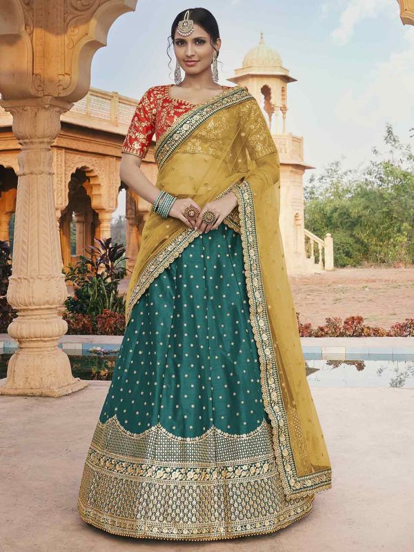 Green Colour Silk Fabric Indian Designer Lehenga Choli.