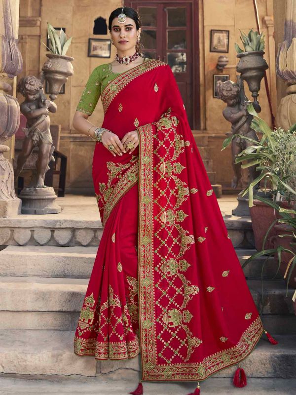 Red Colour Silk Fabric Indian Wedding Saree.