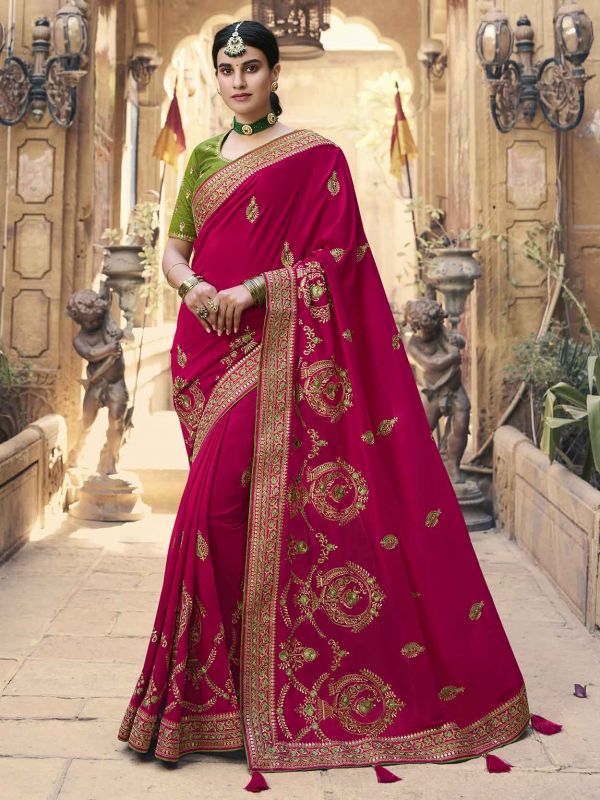 Red,Pink Colour Silk Fabric Indian Designer Saree.