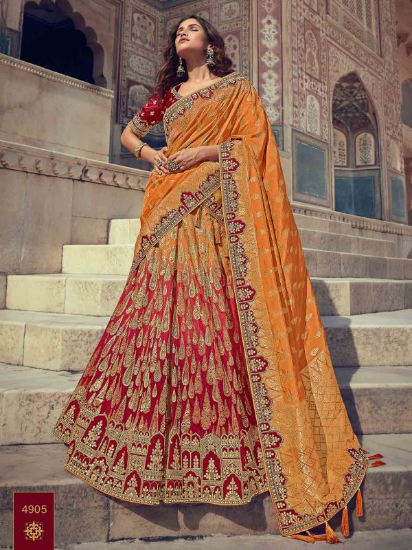 Red,Orange Colour Banglori Silk Fabric Wedding Lehenga Choli.